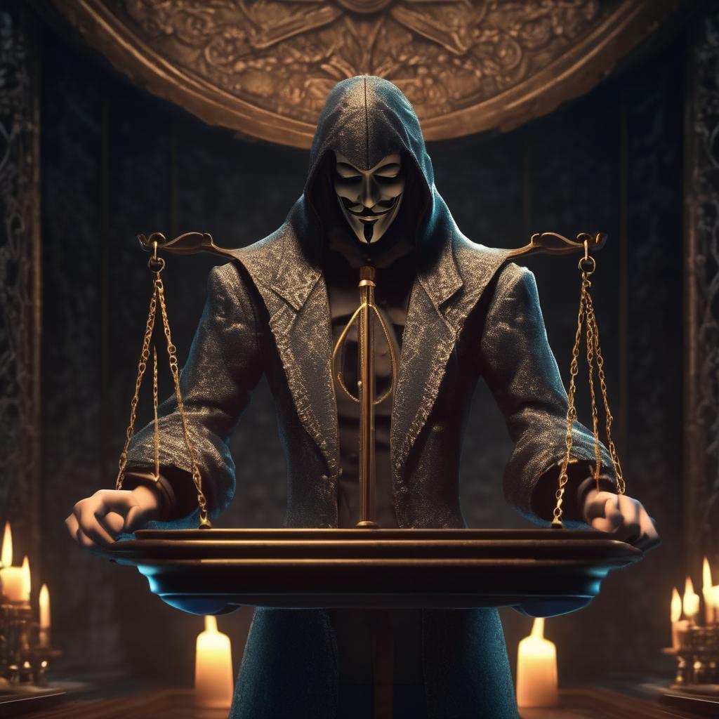 guy fawkes masked dude with justice scales