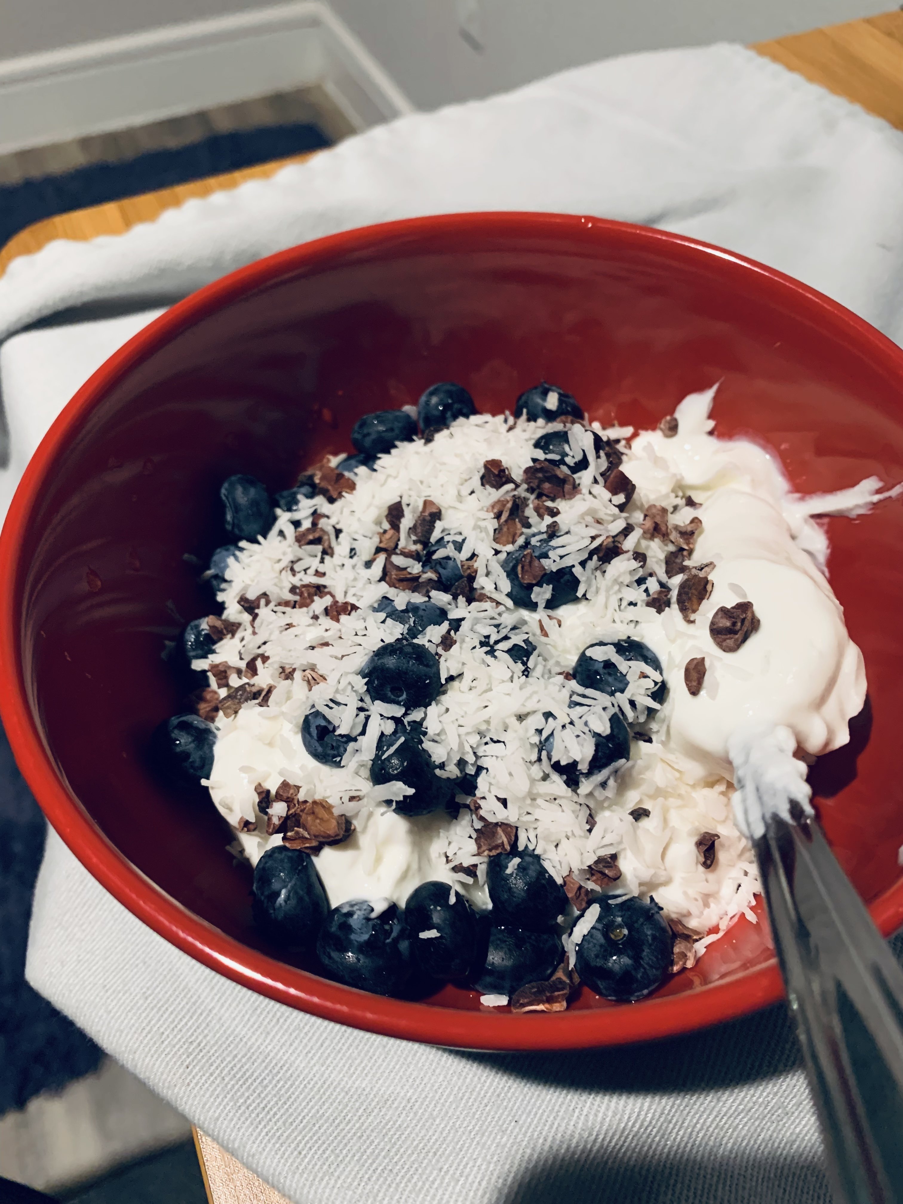 Chobani greek yogurt, blueberries, cacao nibs,…